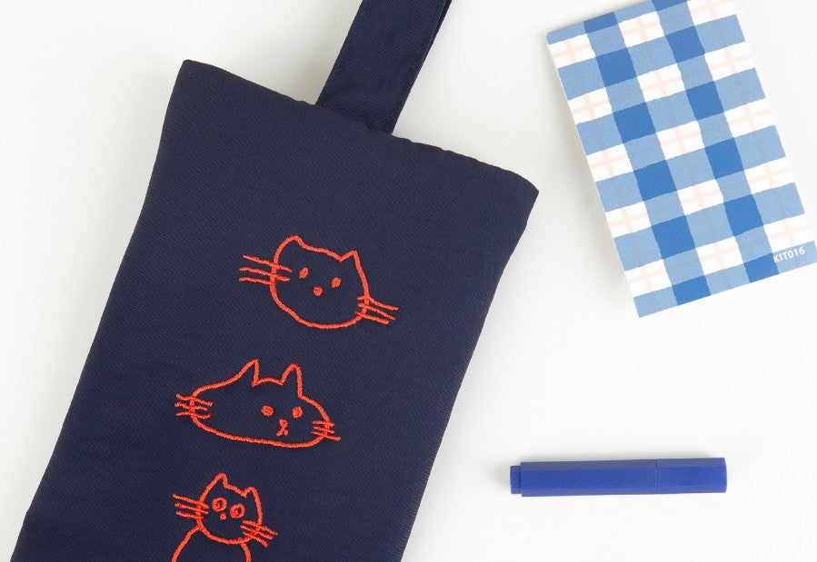 Navy Blue Cats Graphic Embroidery Airy Hand Strap Pouches Slim Pencil Cases Ultra Light Stationery School Office Cosmetics Bags Gifts Bags Purses Students Cute Teens Girls