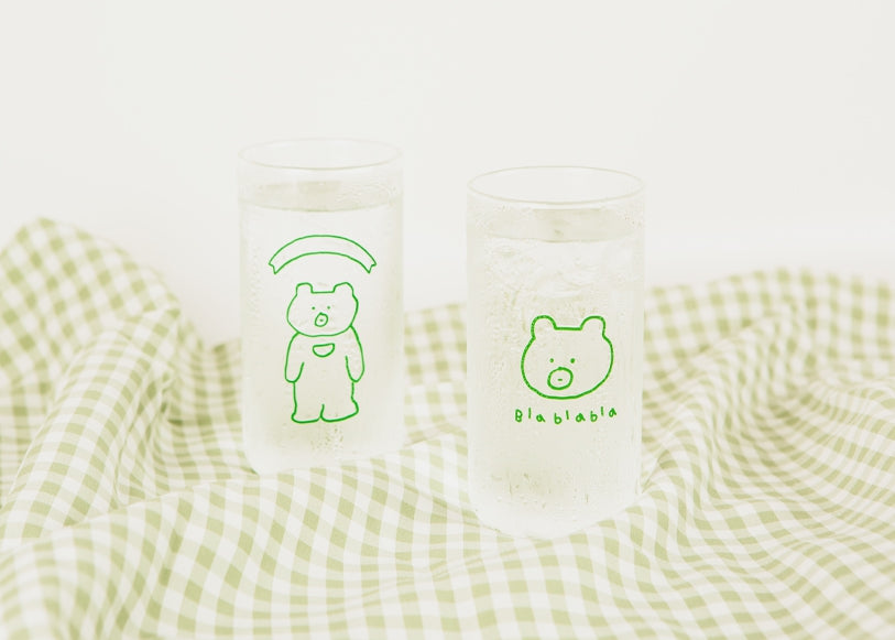 Cute Green Bear illlust Graphic Clear Mugs Glasses Printed Vintage Cups 370ml Gifts Kitchen Dinnerware Cold Hot Milk Coffee