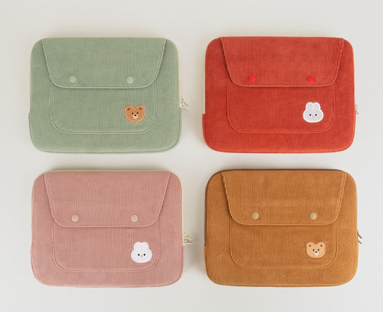 Cute Embroidery Bear Bunny Rabbit Corduroy Laptop Sleeves iPad 11" 13" 15" Cases Skins Protective Covers Purses Handbags Square Pouches School Collage Office