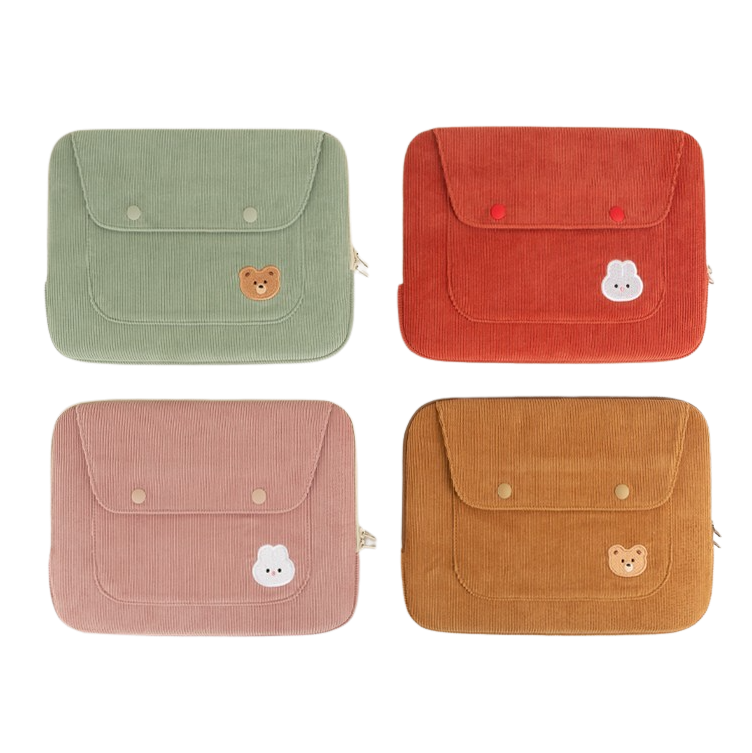 Cute Embroidery Bear Bunny Rabbit Corduroy Laptop Sleeves iPad 11" 13" 15" Cases Skins Protective Covers Purses Handbags Square Pouches School Collage Office