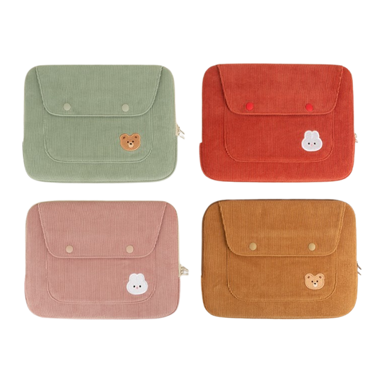 Cute Embroidery Bear Bunny Rabbit Corduroy Laptop Sleeves iPad 11" 13" 15" Cases Skins Protective Covers Purses Handbags Square Pouches School Collage Office