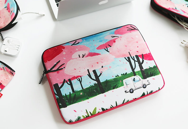 Pink Flower Floral Rain Graphic Laptop Sleeves 11" 13" 15"inch Cases Protective Covers Handbags Square Pouches Designer Artist Prints Cute Lightweight School Collage Office Zipper Fashion Unique Gifts Couple Items Skins