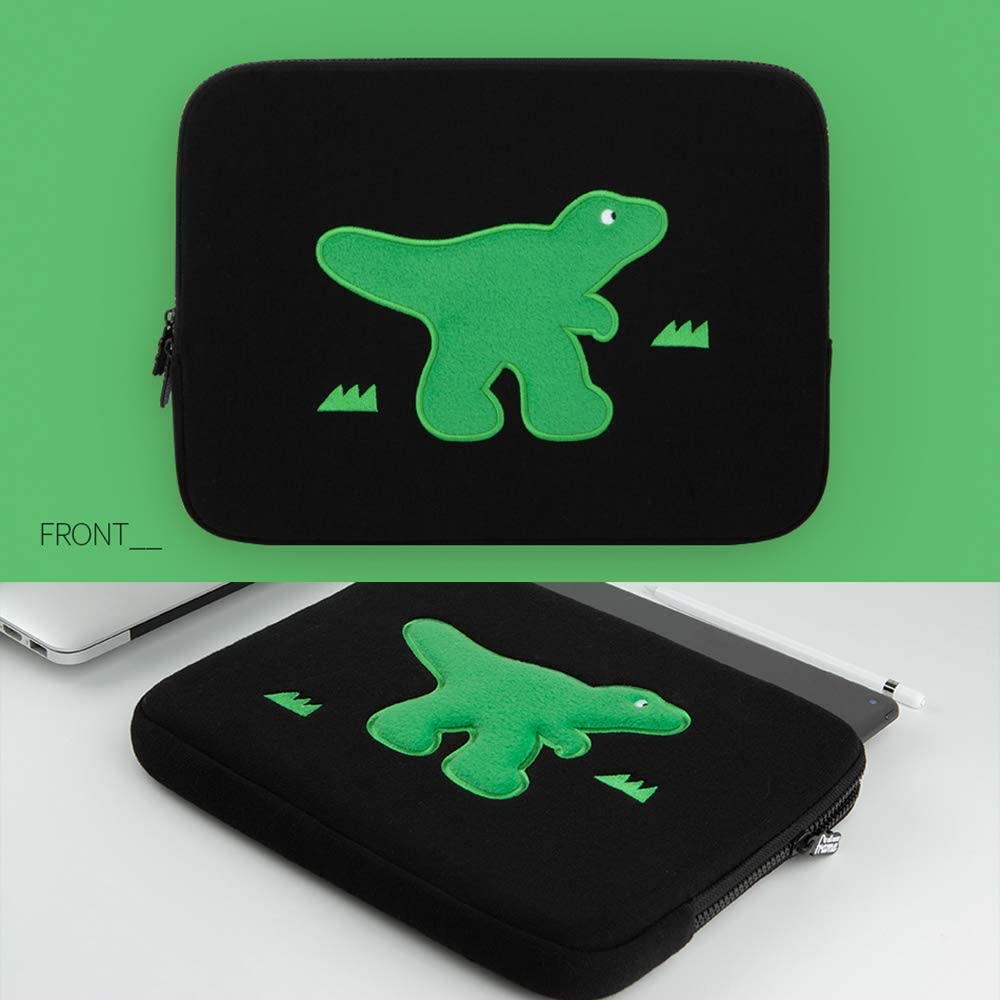 Black Green Dinosaur embroidery Laptop Sleeves iPad 13" 14" 15"inch Fitted Cases Pouches Protective Covers Purses Handbags Square Cushion Designer School Collage Office Lightweight