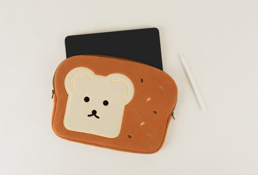 Brown Cute Bear Embroidery Bread Laptop Sleeves iPad Fitted Cases Shearling Covers Protective Tablet Pouches Purses Handbags Square Cushion School Collage Office Lightweight