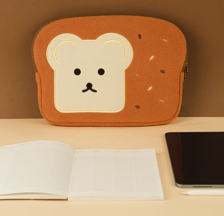 Brown Cute Bear Embroidery Bread Laptop Sleeves iPad Fitted Cases Shearling Covers Protective Tablet Pouches Purses Handbags Square Cushion School Collage Office Lightweight