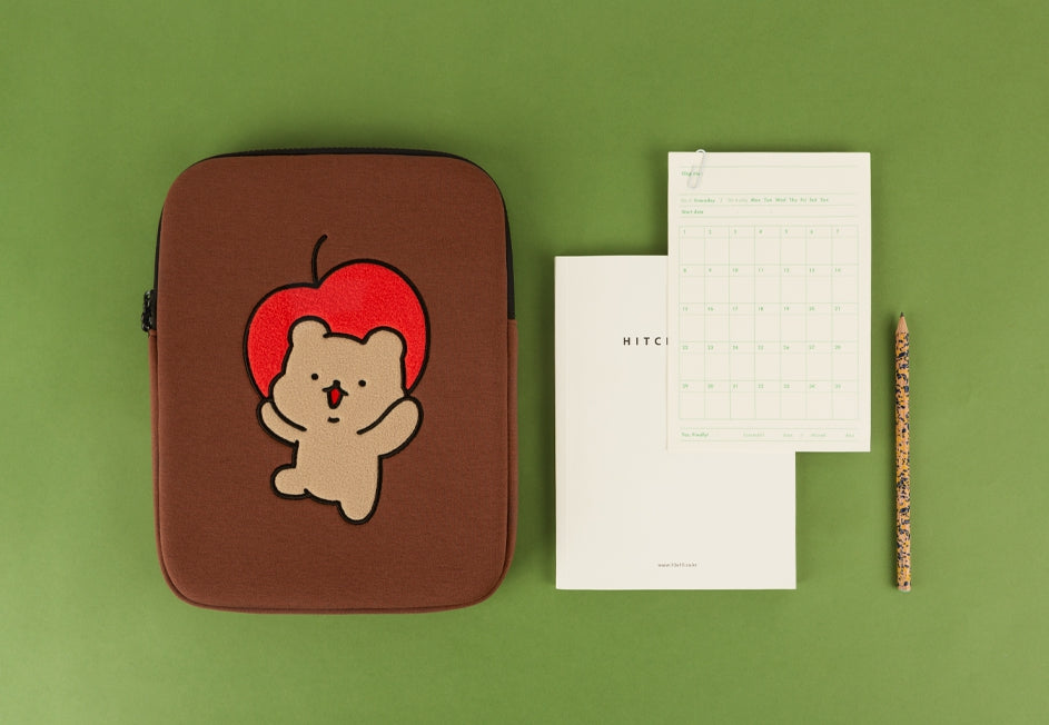 Brown Apple Bear Cute Embroidery Laptop Sleeves iPad Fitted Cases Covers Protective Tablet Pouches Purses Handbags Square Cushion School Collage Office Lightweight