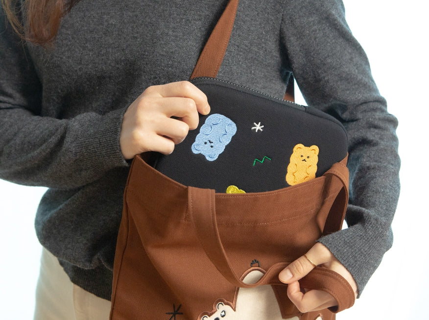 Brown Black Embroidered Eco Shoulder Bags Womens Girls Purses Casual Picnic Foldable Bookbags Cotton Cute Gifts Inner Pocket