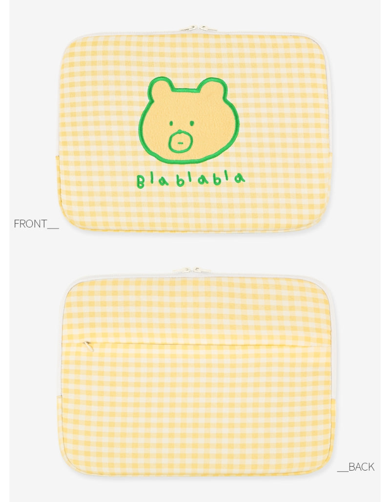 Yellow Bear Laptop Sleeves 11" for iPad 13" inches Cases Checked Protective Covers Purses Handbags Square Cushion Pouches Designer Artist Embroidery Artwork Prints School Collage Office Lightweight Inner Pocket