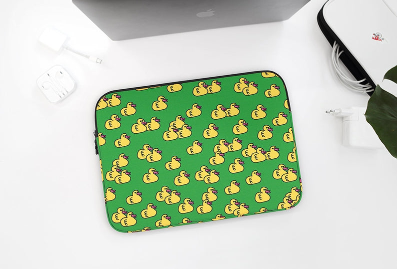Green Yellow Duck Graphic Laptop Sleeves iPad 11" 13" 15" inch Cases Protective Covers Handbags Square Pouches Designer Artist Prints Cute Lightweight School Collage Office Zipper Fashion Unique Gifts Skins