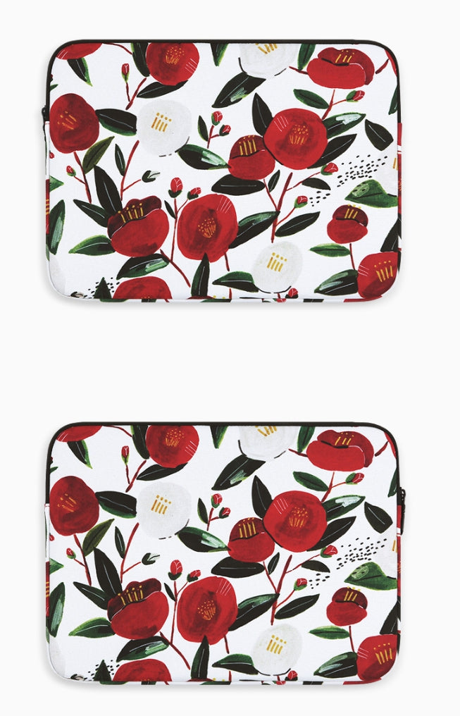 Camellia Floral Graphic Laptop Sleeves 11" 13" 15" inch Cases Protective Covers Handbags Square Pouches Designer Artist Prints Cute Lightweight School Collage Office Zipper Fashion Unique Gifts Couple Items Skins