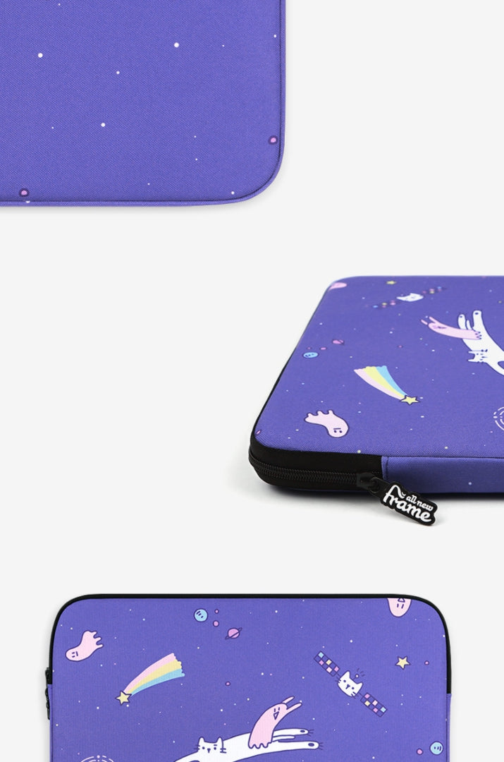 Purple Cat Space Graphic Laptop Sleeves iPad 11" 13" 15" inch Cases Protective Covers Handbags Square Pouches Designer Artist Prints Cute Lightweight School Collage Office Zipper Fashion Unique Gifts