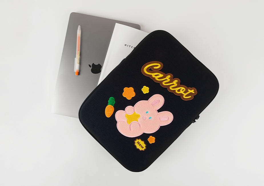 Rabbit Bear Navy Purple Brown Laptop Sleeves iPad 11" 13" 15" inch Cases Protective Covers Purses Skins Handbags Square Cushion Carrying Pouches Designer Artist Embroidery School Collage Office Lightweight Cute Characters
