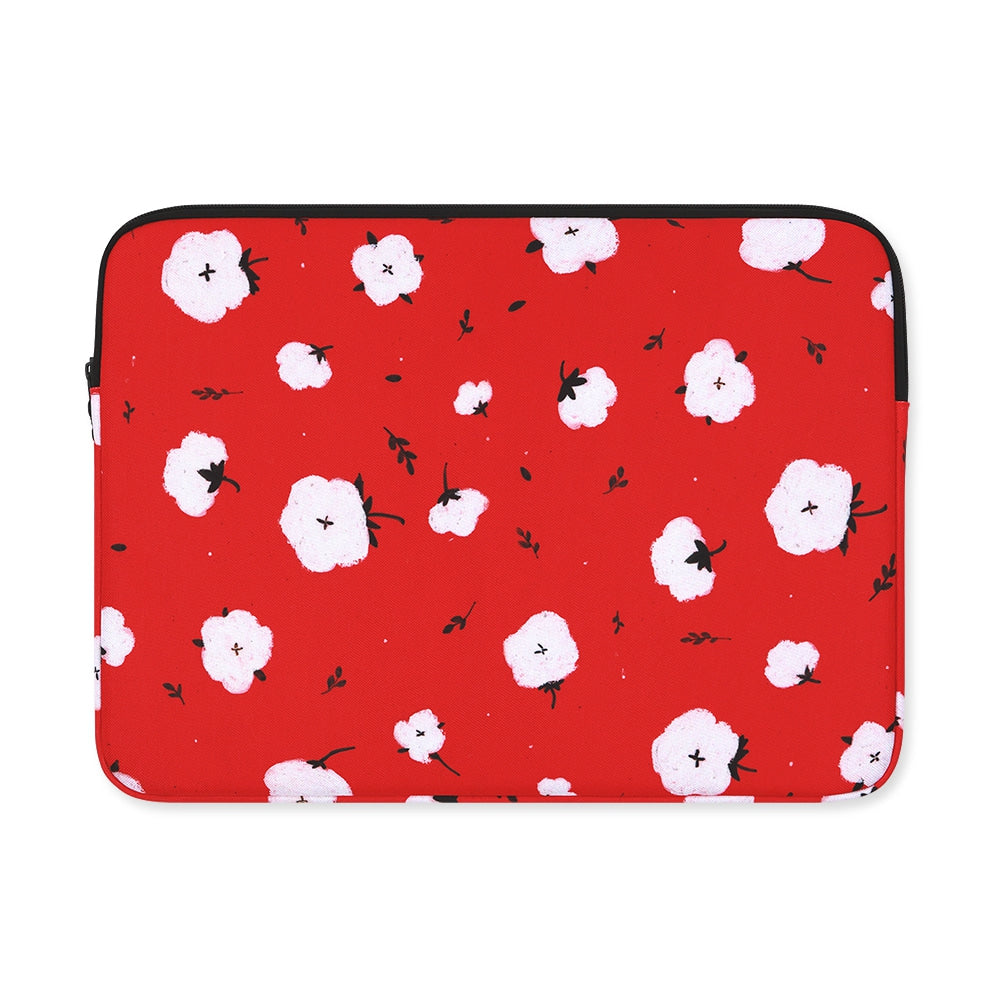Red Cotton Floral Graphic Laptop Sleeves 11" 13" 15" inch Cases Protective Skins Covers Handbags Square Pouches Designer Artist Prints Cute Lightweight Collage Office Zipper Fashion School Unique Couple Item Gifts