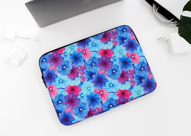 Blue Red Dahlia Floral Graphic Laptop Sleeves 11" 13" 15" inch Cases Protective Covers Handbags Square Pouches Designer Artist Prints Cute Lightweight School Collage Office Zipper Fashion Unique Gifts Skins