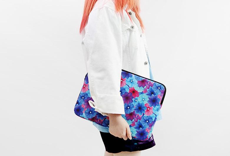 Blue Red Dahlia Floral Graphic Laptop Sleeves 11" 13" 15" inch Cases Protective Covers Handbags Square Pouches Designer Artist Prints Cute Lightweight School Collage Office Zipper Fashion Unique Gifts Skins