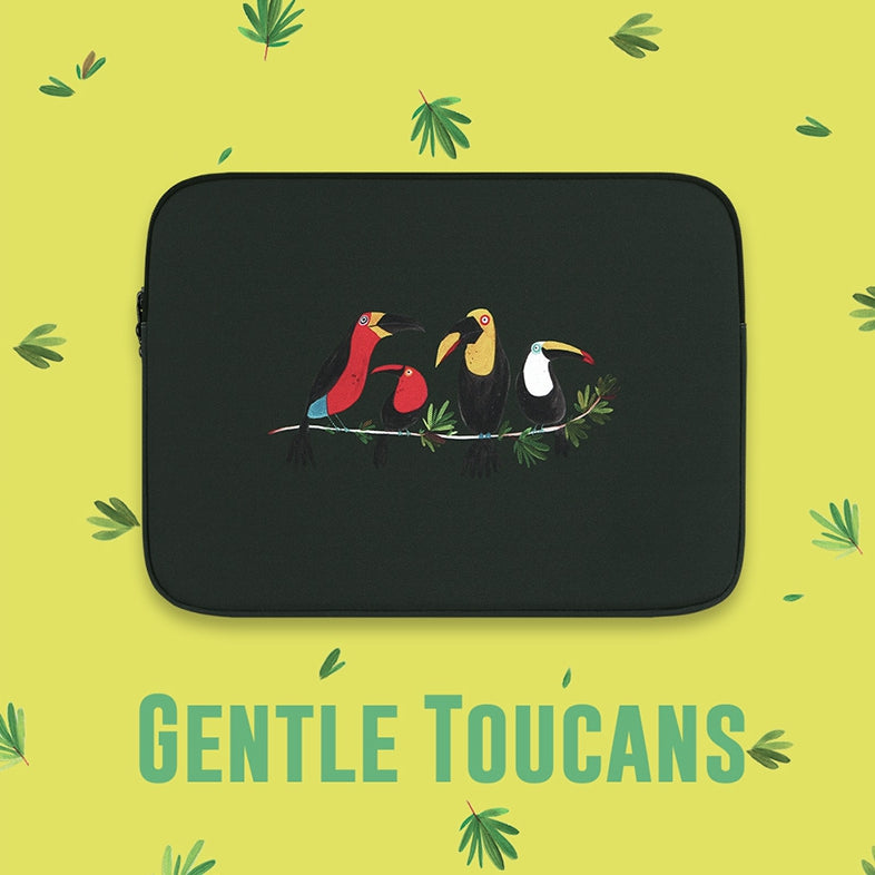 Black Bird Toucans Graphic Laptop Sleeves iPad 11" 13" 15" inch Cases Protective Covers Handbags Square Pouches Designer Artist Prints Cute Lightweight School Collage Office Zipper Fashion Unique Gifts couple items Skins