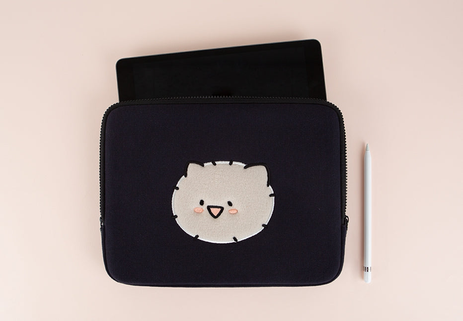 Navy Kuma Laptop Sleeves iPad 13" 14" 15" inch Cases Protective Covers Purses Skins Handbags Square Cushion Carrying Pouches Designer Artist Embroidery School Collage Office Lightweight Pocket Cute Characters