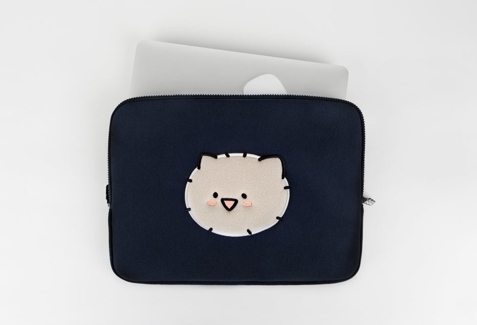 Navy Kuma Laptop Sleeves iPad 13" 14" 15" inch Cases Protective Covers Purses Skins Handbags Square Cushion Carrying Pouches Designer Artist Embroidery School Collage Office Lightweight Pocket Cute Characters