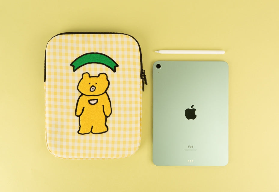 Yellow Bear Laptop Sleeves 11" for iPad 13" inch Cases Protective Covers Purses Skins Handbags Square Cushion Carrying Pouches Designer Artist Embroidery School Collage Office Lightweight Cute Characters
