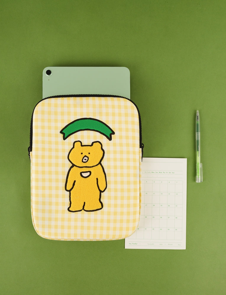 Yellow Bear Laptop Sleeves 11" for iPad 13" inch Cases Protective Covers Purses Skins Handbags Square Cushion Carrying Pouches Designer Artist Embroidery School Collage Office Lightweight Cute Characters
