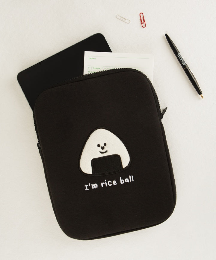 Black Cute Triangle Rice Ball Laptop Sleeves 11" for iPad 13" Cases Skins Protective Covers Purses Handbags Square Cushion Pouches Embroidery School Collage Office