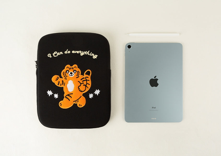 Black Tiger Laptop Sleeves iPad 11" 13" 15" inch Cases Protective Covers Purses Skins Handbags Square Cushion Carrying Pouches Designer Artist Embroidery School Collage Office Lightweight Pocket Cute Characters