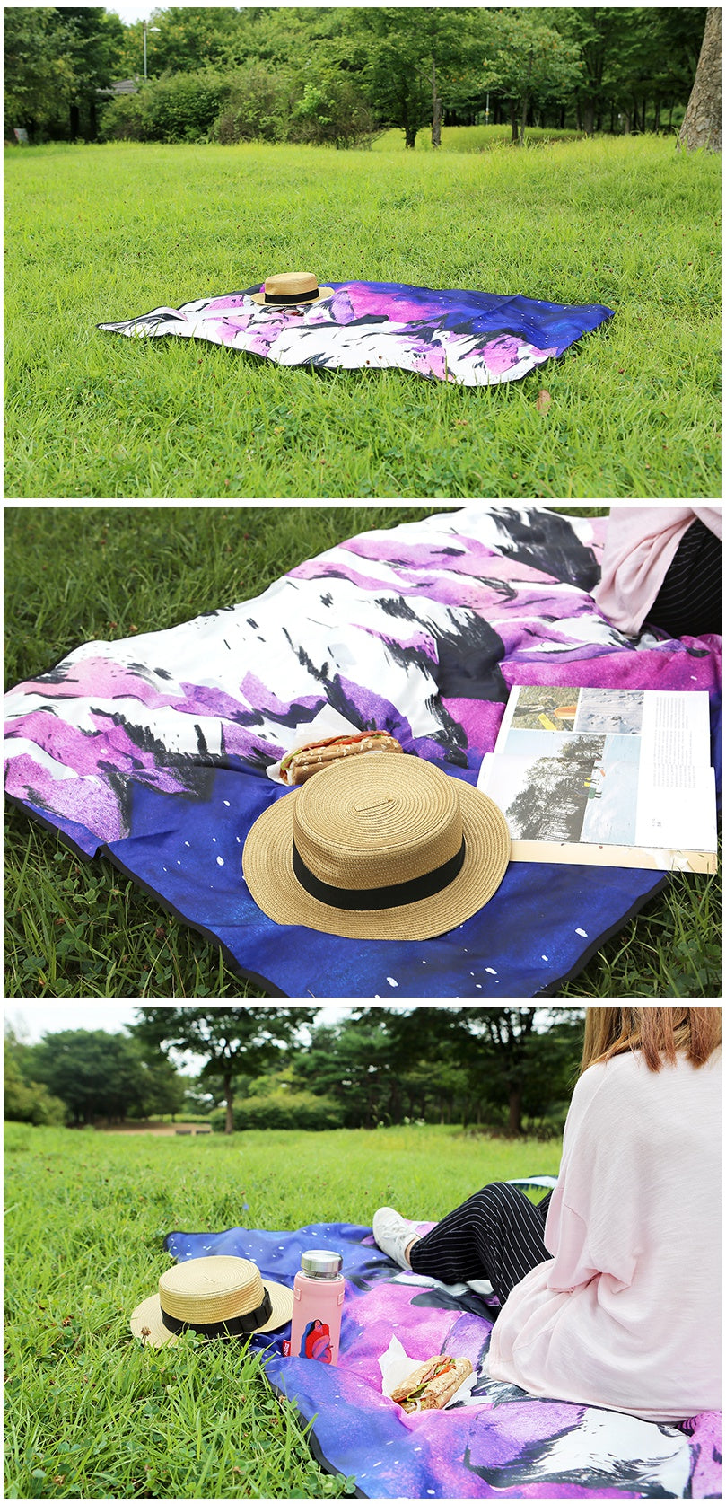 Moonlit night Milky Way Picnic Mats Pouch SET Graphic Blanket Square shaped Waterproof Outdoor Portable Camping Rugs Beaches