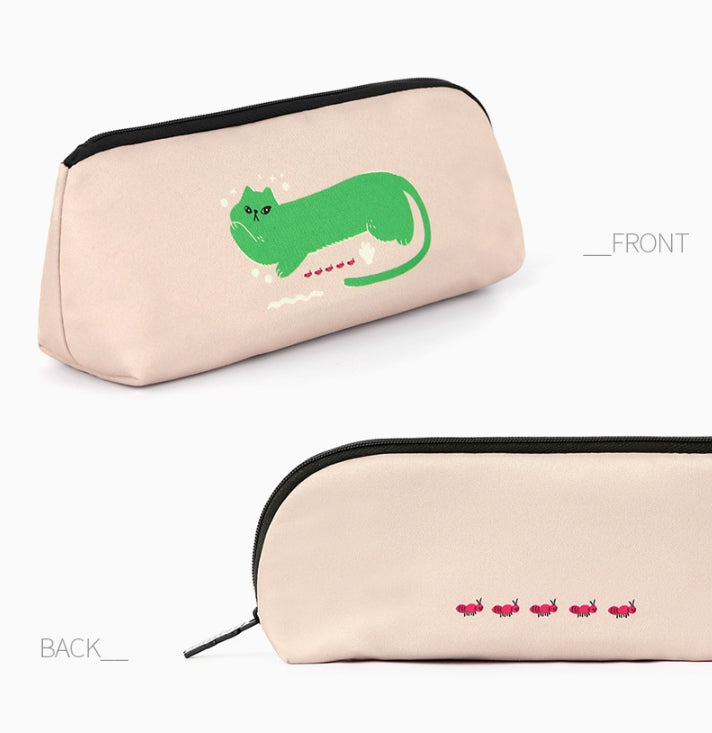 Beige Green Cat Graphic Pencil Cases Stationery Zipper School 19cm Office Cosmetics Pouches Artists Designer Prints Gifts Bags Purses Students Girls Cute Teens Inner Pocket