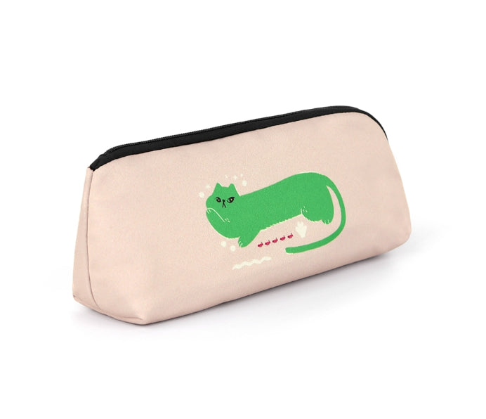 Beige Green Cat Graphic Pencil Cases Stationery Zipper School 19cm Office Cosmetics Pouches Artists Designer Prints Gifts Bags Purses Students Girls Cute Teens Inner Pocket