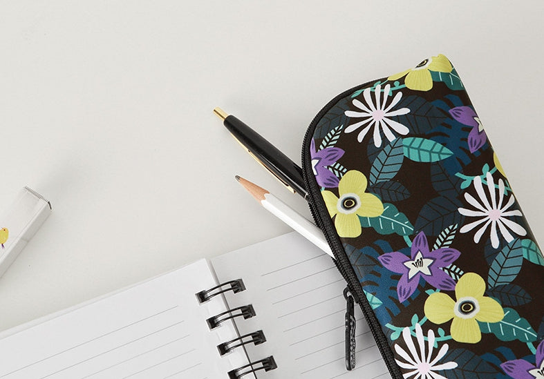 Black Floral Graphic Pencil Cases Flowers Stationery Zipper School 19cm Office Cosmetics Pouches Artists Designer Prints Gifts Bags Purses Students Girls Inner Pocket