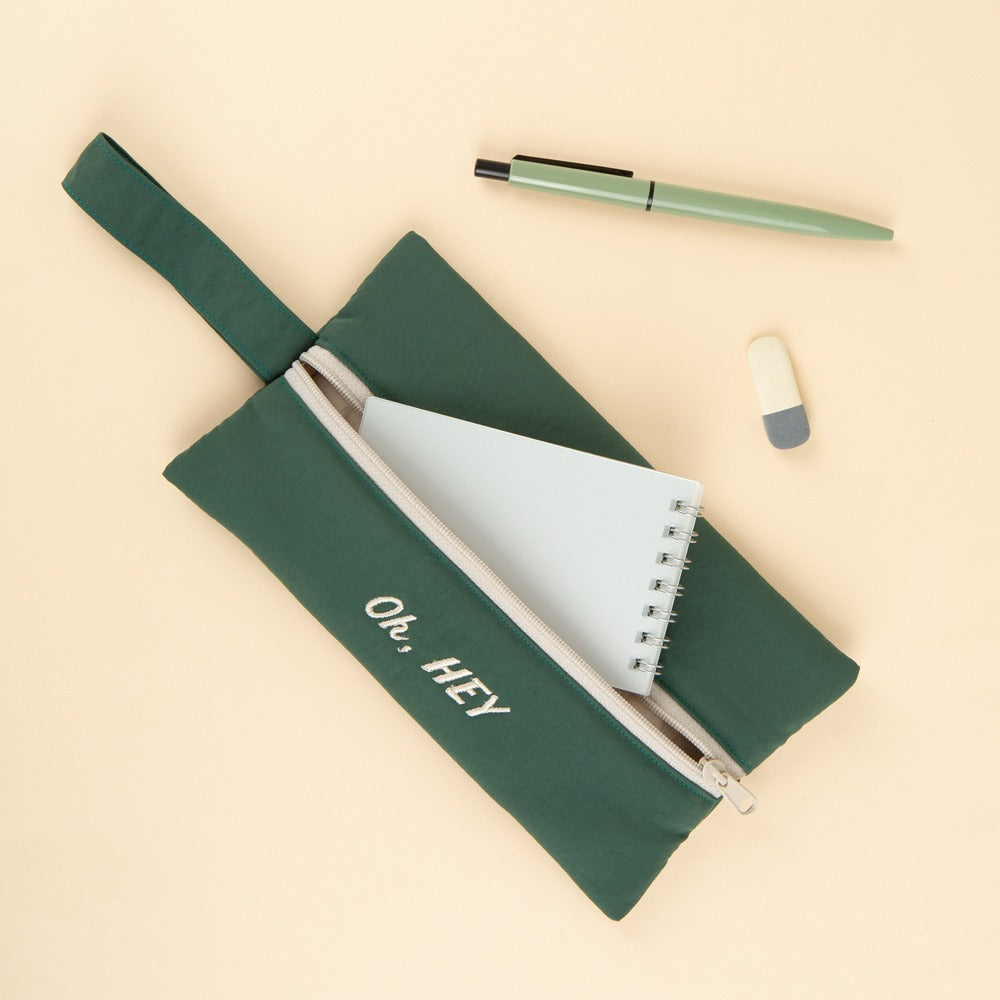 Green Oh Hey Typo Embroidery Airy Strap Pouches Slim Pencil Cases Ultra Light Stationery School Office Cosmetics Bags Gifts Bags Purses Students Cute Teens Girls
