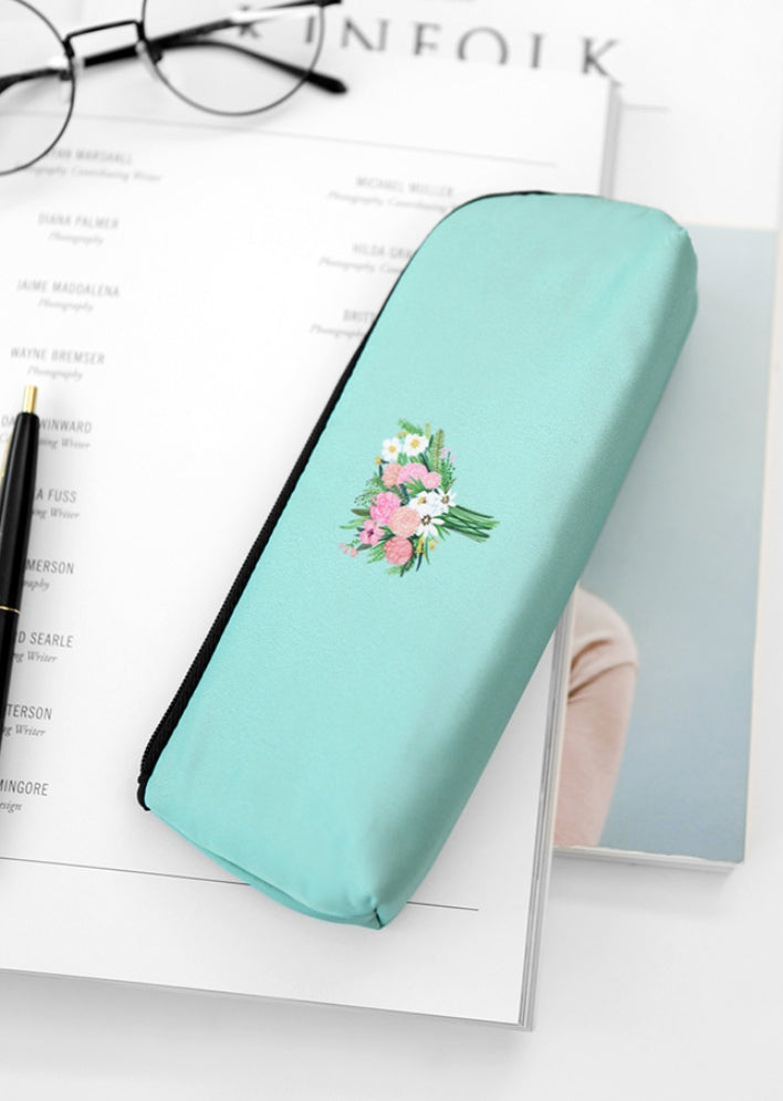 Aquamarine Pink Rose Bouquet Graphic Pencil Cases Stationery Zipper School 19cm Office Cosmetics Pouches Artists Designer Prints Gifts Bags Purses Students Girls Cute Teens Inner Pocket