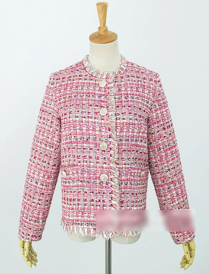 Pink Tweed Jackets Kpop Style Hyuna Celebrity Style Plaids Collarless