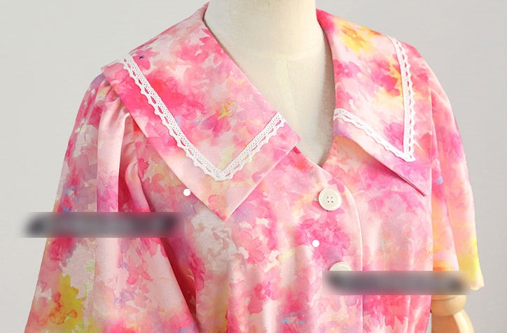 IU Pink Buttoned Floral Dresses Kpop Singer Short Sleeved Long Flower