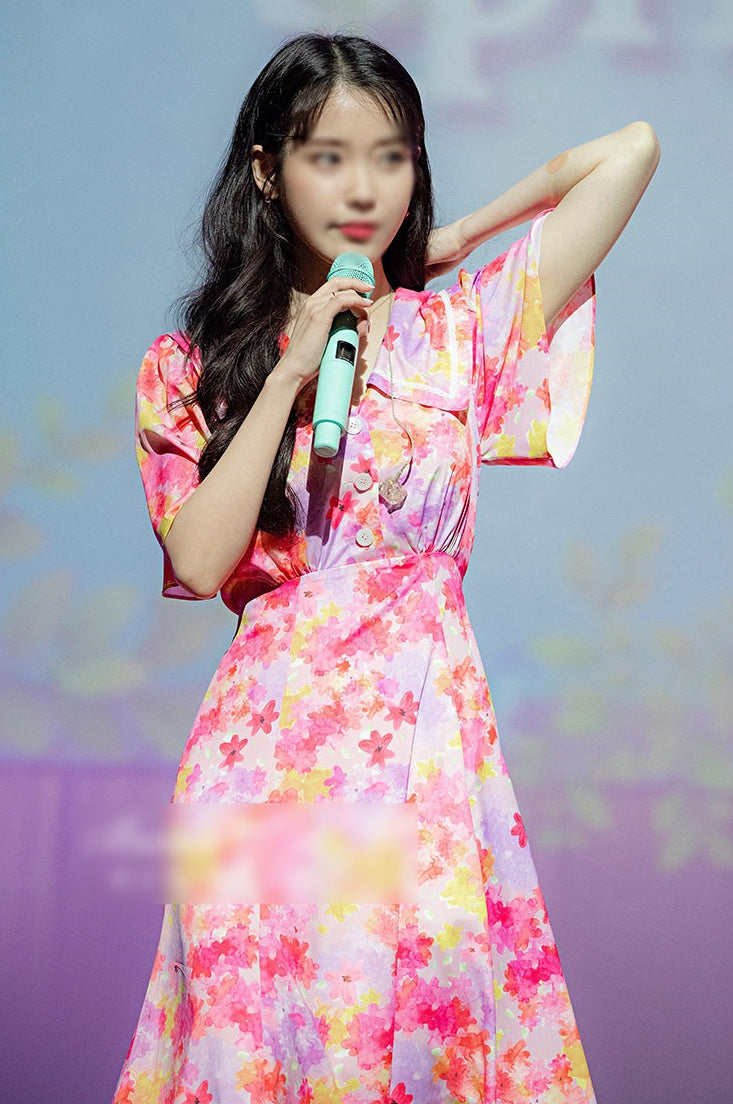 IU Pink Buttoned Floral Dresses Kpop Singer Short Sleeved Long Flower