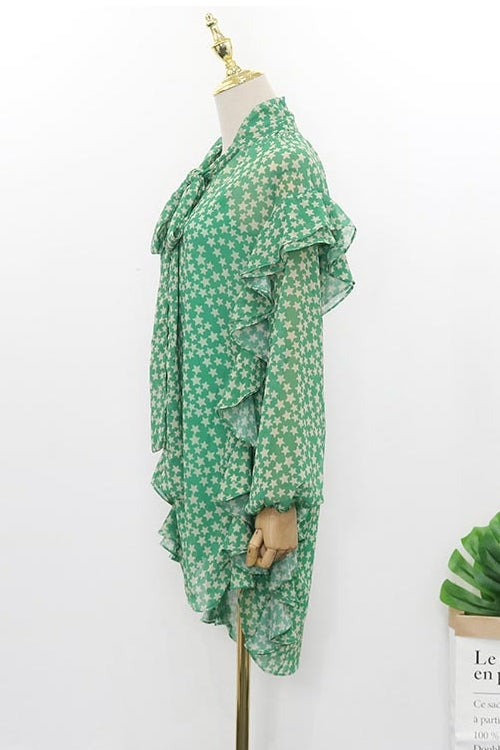 Green Stars Pattern Ruffled Sheer Dresses Kpop Style Blackpink Jenny