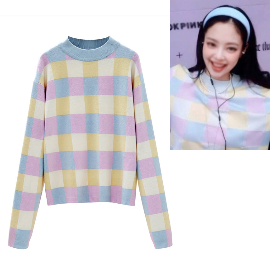 Multi-Colored Checkered Sweaters Blackpink Jennie Mock Neck Kpop Celeb