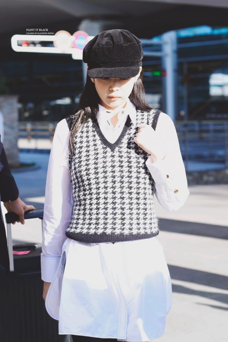 Black White Houndstooth Womens Vests Blackpink Jennie Airport Outfits