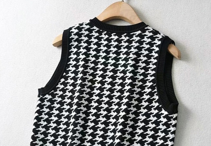 Black White Houndstooth Womens Vests Blackpink Jennie Airport Outfits