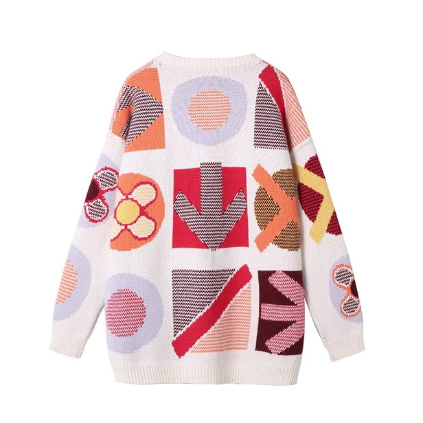 White Multi-Colored Blackpink Jenny Casual Abstract Sweaters Crew Neck