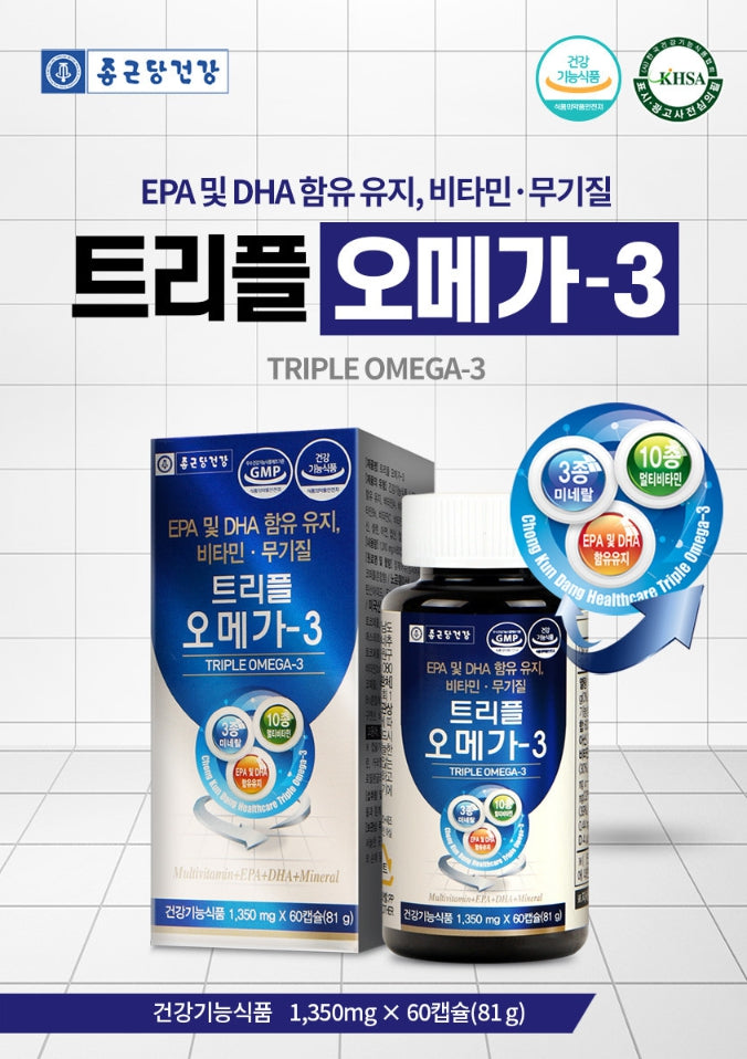 Chong Kun Dang Triple Omega 3 60 Capsules Health Supplements Blood Circulation Dry Eyes Vitamins Zinc Folic Acid Niacin Iron