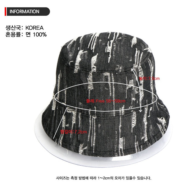 Black Vintage Denim Drop Bucket Hats Distressed Ripped Washed Korean