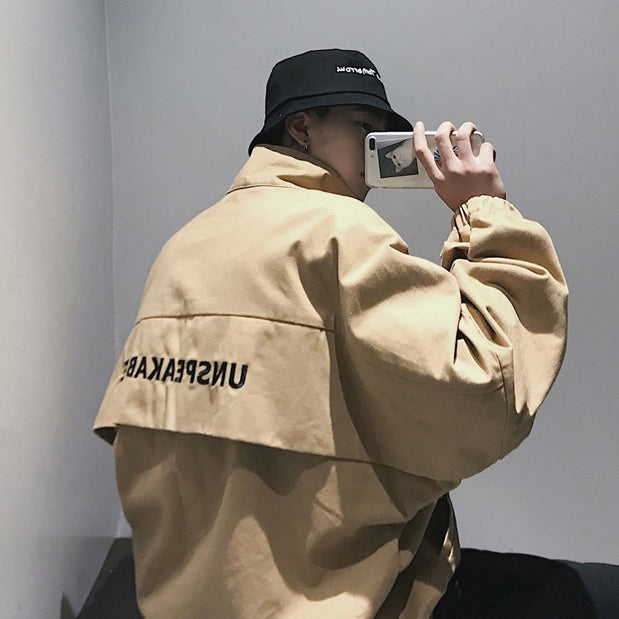 Beige UNSPEAKABLE Graphic Jackets Mens Streetwear Tops Kpop Fashion