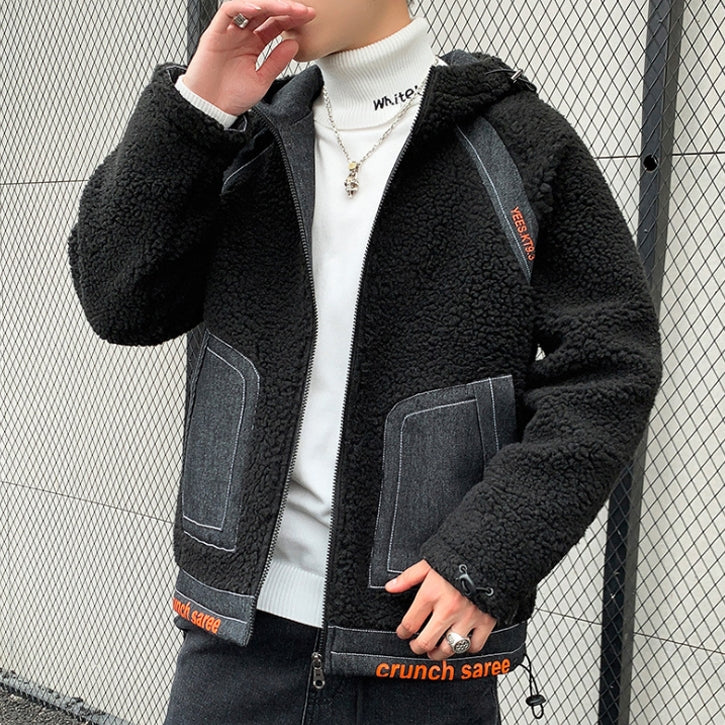Black Denim Shearling Hybrid Hoodies Mens Streetwear Hooded Jackets