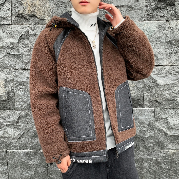 Brown Denim Shearling Hybrid Hoodies Mens Streetwear Hooded Jackets