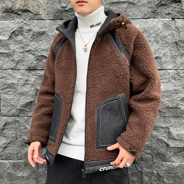 Brown Denim Shearling Hybrid Hoodies Mens Streetwear Hooded Jackets