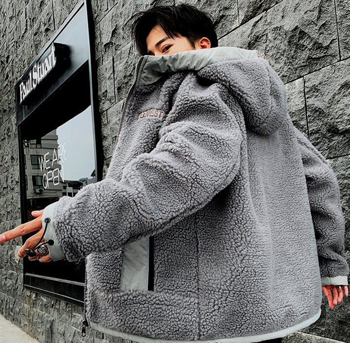 Grey YEEMEST Shearling Hoodies Mens Streetwear Hooded Jackets Zipup