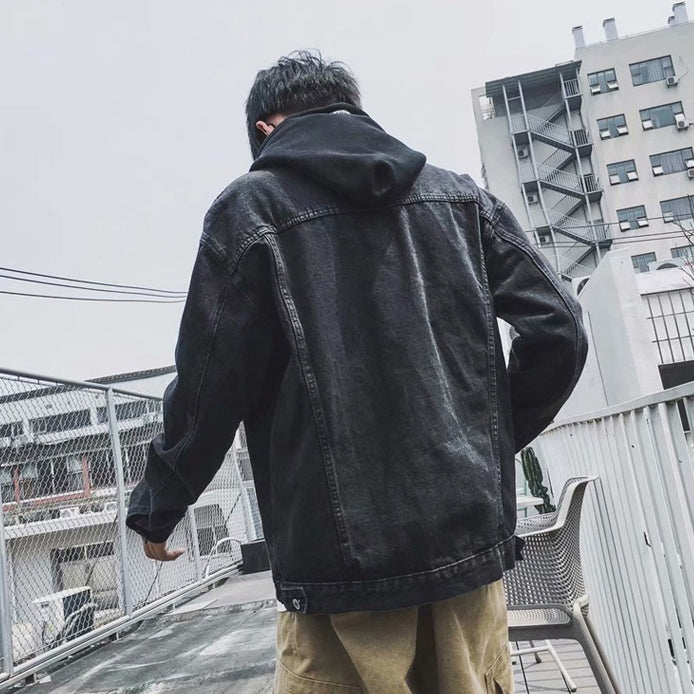 Black Denim Detachable Hooded Jackets Mens Vintage Kpop Streetwear Guy