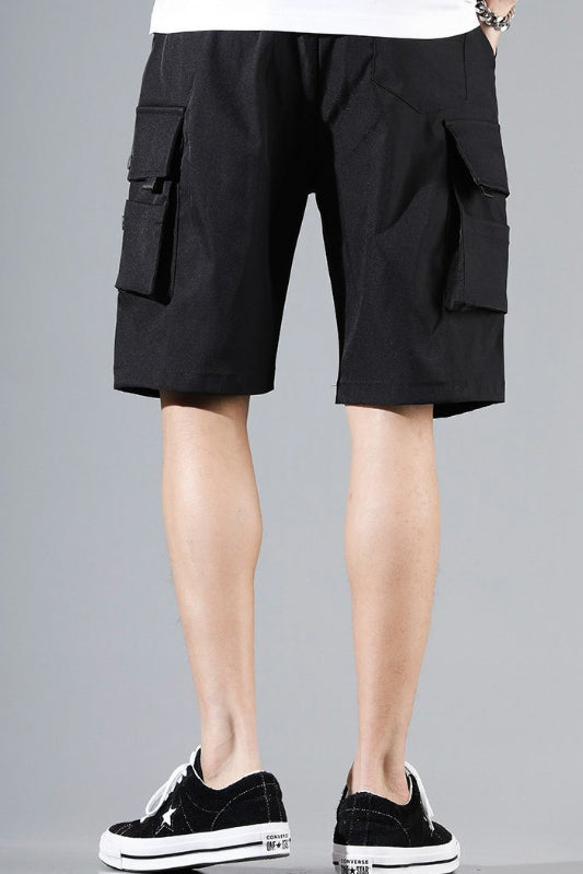 Black Waistband Mens Cargo Shorts Casual Streetwear Solid Pocket