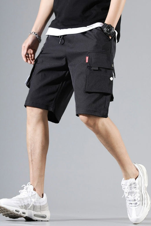 Black Waistband Mens Cargo Shorts Casual Streetwear Solid Pocket